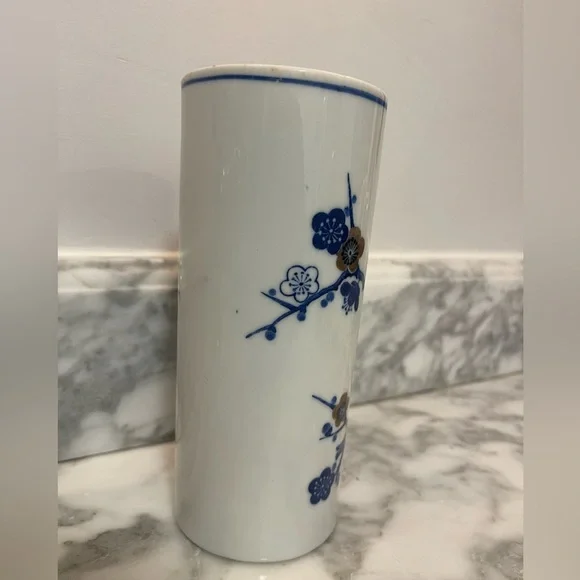 Chinese Porcelain Ceramic Blue White Plum Blossoms Vase Brush Pot 7” T